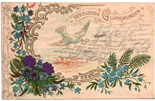 Ak Seide Blumen Taube 1903 Herzlichen Glückwunsch