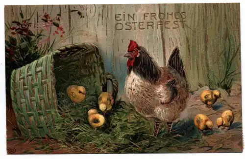 Ak Henne mit Küken Frohes Osterfest gold geprägt 1908