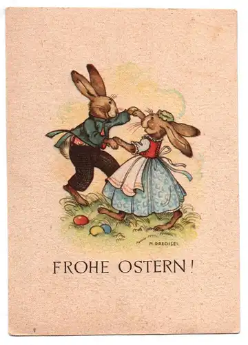 Marianne Drechsel Ak tanzende Hasen Frohe Ostern 1950