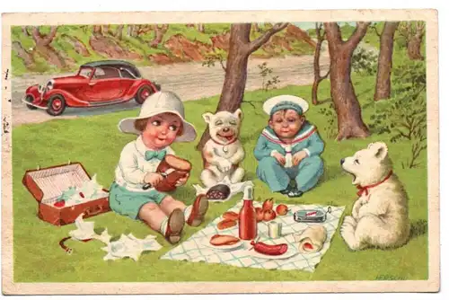 Künstler Ansichtskarte Herschu Kinder Hunde beim Picknick Auto