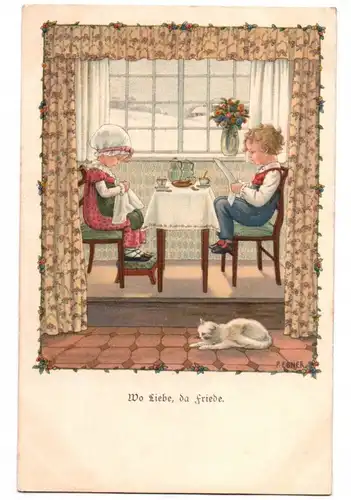 Künstler Ak Pauli Ebner Wo Liebe da Friede Katze 1917