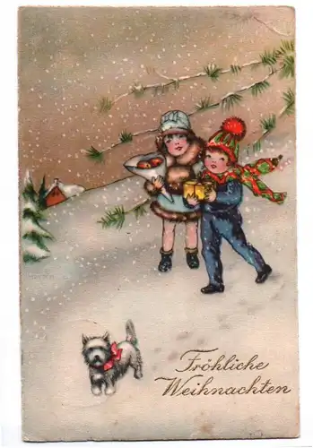 Ak Kinder mit Hund im Winter wohl Hannes Petersen 1933