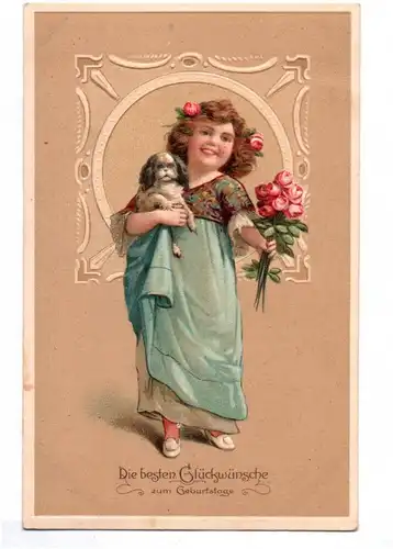 Jugendstil Ak Mädchen mit Hund und Rosen geprägt um 1910