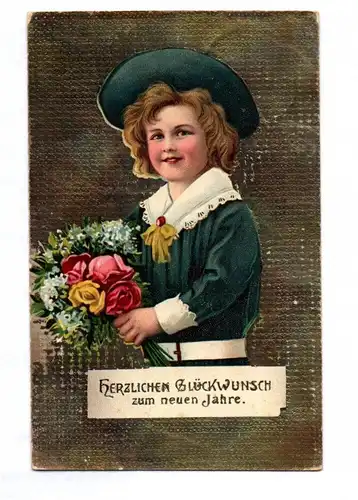 Ak Bube mit Blumen gold geprägt Glückwunsch zum Neujahr 1912