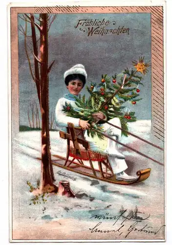Ak Frau mit Schlitten und Weihnachtsbaum Weihnachten gold geprägt