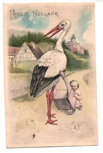 Ansichtskarte Klapperstorch mit Baby Prosit Neujahr 1907 geprägt