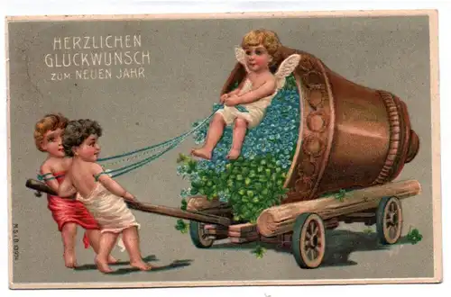 Ak Engel ziehen Glocke Glücksklee Vergissmeinnicht 1909 Neujahr