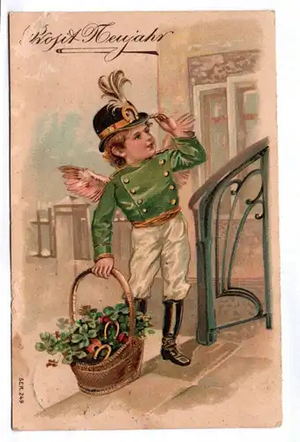 Litho Poskarte Engel mit Blumenkorb 1908 Prosit Neujahr