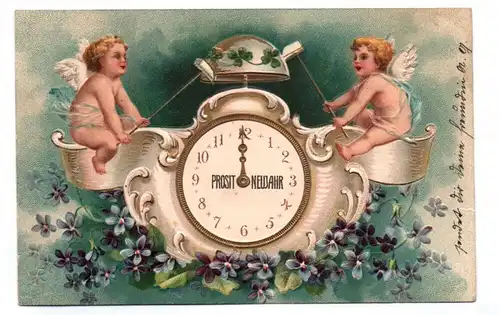 Präge Ak Engel mit Glocken Uhr geprägt Prosit Neujahr 1905