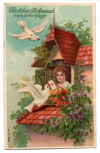Ak Brieftauben Dachgiebel Geburtstag 1908