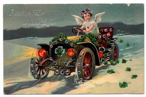 Ak Engel fährt Automobil Neujahr silber geprägt 1912