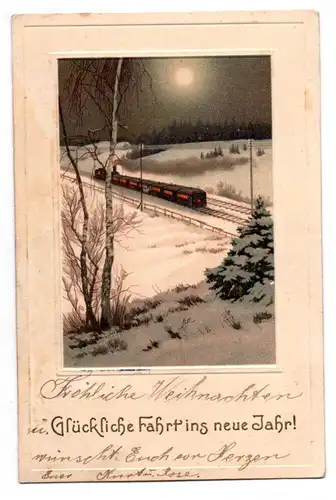 Postkarte Glückliche Fahrt ins neue Jahr Eisenbahn Dampflokomotive 