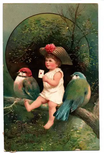 Ak kleines Kind mit Blaumeise und Rotkäppchen Vogel 1908 Tiere