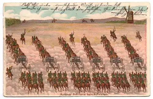 Litho Ak reitende Artillerie beim Aufmarsch Windmühle 1906