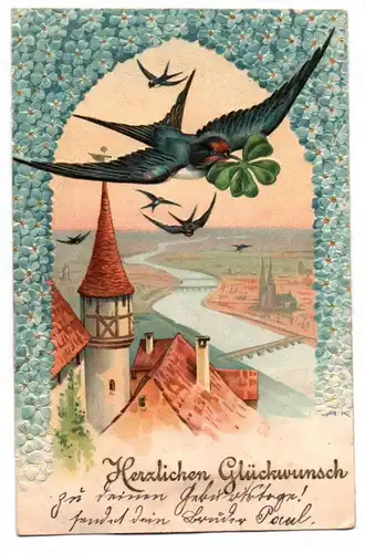 Präge Ak Schwalbe mit Klee Vergissmeinnicht Blumen Litho 1907
