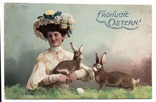 Litho Ansichtskarte feine Dame mit Hasen Fröhliche Ostern 1908