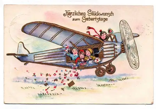 Geburtstag Postkarte Kinder fliegen Flugzeug gold geprägt 1932