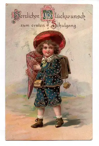 Schulanfang Ak Bube fein angezogen Schulranzen Schultüte 1913