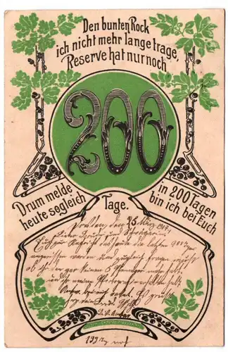 Jugendstil Ansichtskarte 200 Tage Reserve Militär 1917