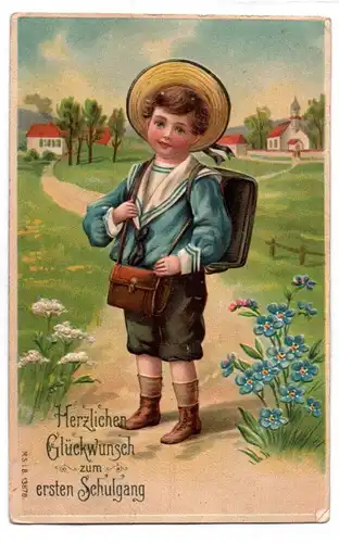 Präge Ak Bube mit Schulranzen erster Schulgang um 1900 
