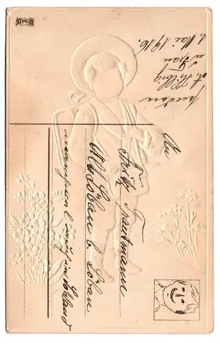 Präge Ak Bube mit Schulranzen erster Schulgang um 1900 