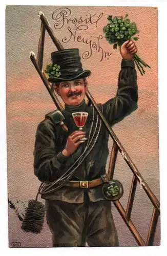 Ansichtskarte Schornsteinfeger mit Glücksklee Neujahr 1914 geprägt