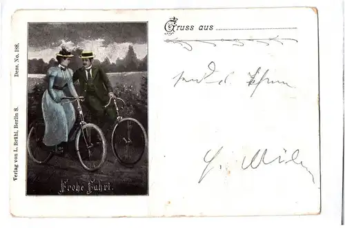 Litho Ak Liebespaar mit Fahrrad Gute Fahrt Gruß aus um 1910