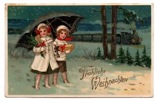 Ak Kinder mit Dampflok Fröhliche Weihnachten 1918
