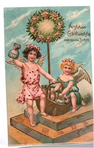 Neujahr Postkarte Engel mit Geldsäcken 1907