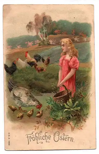 Litho Ak Mädchen füttert Hühner Fröhliche Ostern 1908 leicht geprägt