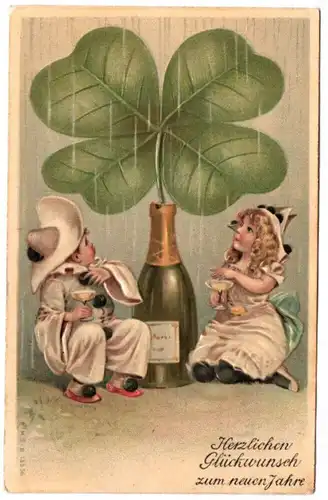 Ak Kinder trinken Sekt Glücksklee Neujahr 1906 geprägt