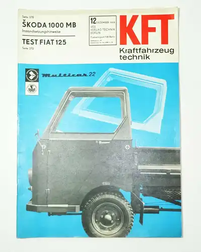 KFT Kraftfahrzeugtechnik Zeitschrift 12 Dezember 1968 Multicar 22 Skoda 1000MB