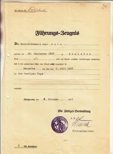 Führungszeugnis Polizei Verwaltung Bleicherode 1929 + Anmeldeschein ! (D8