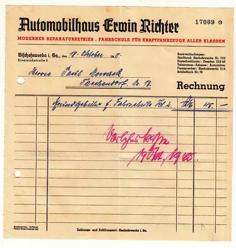 Rechnung Automobilhaus Erwin Richter Bischofswerda 1940 ! (D5