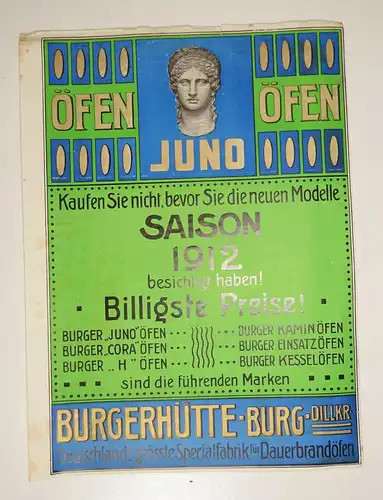 Jugendstil Werbeblatt Juno Öfen Burgerhütte - Burg Dillkreis 1910er Druck ! (D8