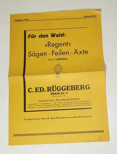 Prospekt 1939 Sägen Feilen Äxte Rüggeberg Breslau Schlesien ! (D8