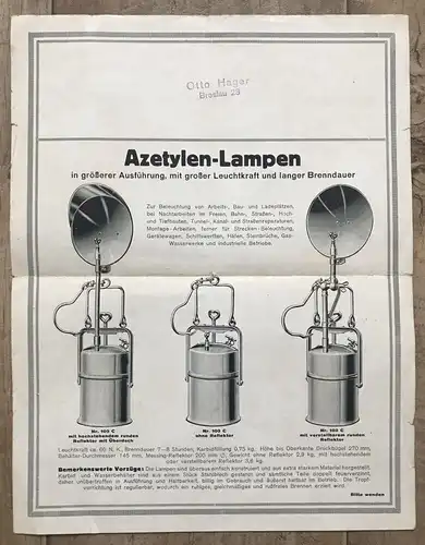 Werbezettel Flyer Breslau 23 Azetylen Lampen