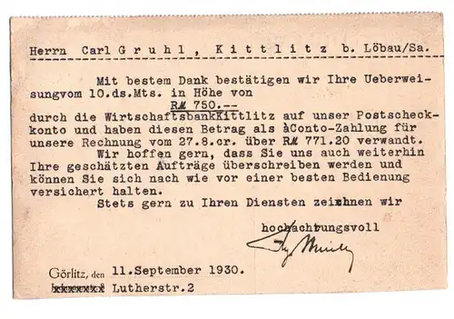 Postkarte Hugo Müller Holzgroßgeschäft Görlitz 1930