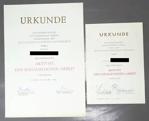2 x Urkunde Aktivist sozialistischer Arbeit DDR 1983 1986 Mitropa Dresden 