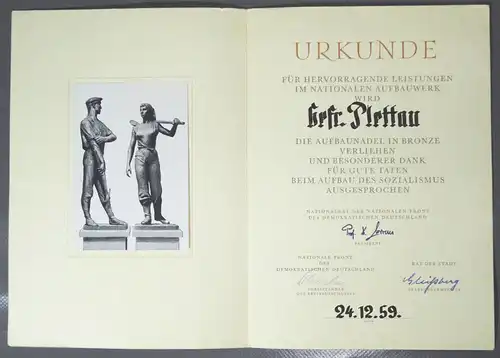 Urkunde Nationales Aufbauwerk Aufbaunadel in Bronze 1959 Görlitz