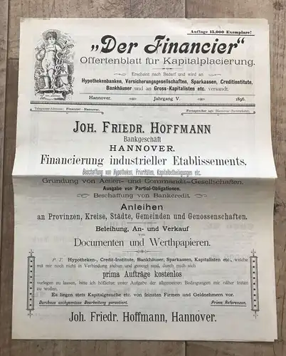 Offertenblatt für Kapitalplacierung 1896 Joh Friedrich Hoffmann Hannover