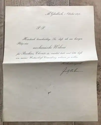 Brief Gladbach 1 Oktober 1896 Mechanische Weberei