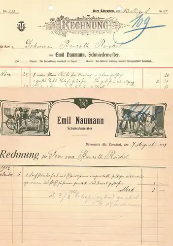 2 x Rechnung Emil Naumann Schmiedemeister Bärenstein Jugendstil 1910/13 !