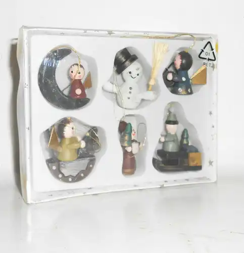 6 Holzfiguren Christbaumschmuck Aufhänger Schneemann Engel Schlitten Baumschmuck