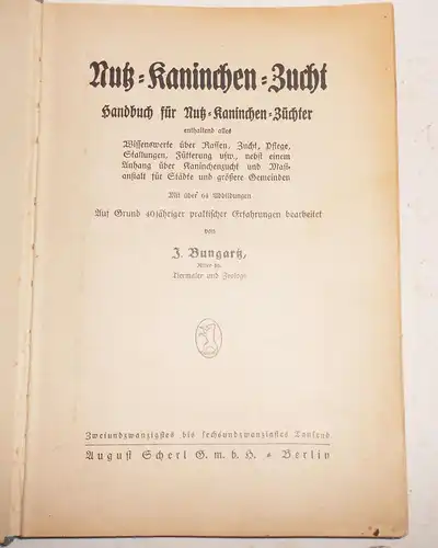 Nutzkaninchenzucht Bungartz Band 7 Verlag Scherl Berlin um 1935 (B3
