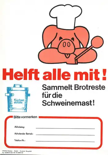 DDR Blatt Speckitonne Brotreste für die Schweinemast 1978 Reklame Abfall Werbung