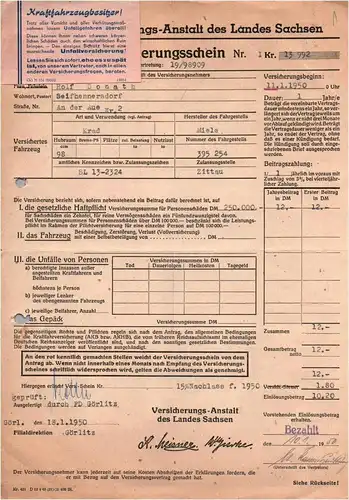 Dokument Kraftfahrzeug Versicherungsschein 1950 Zittau Miele Krad Preso Motorrad