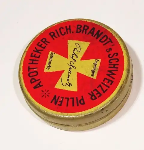 Blechdose Apotheker Richard Brandt Schweizer Pillen kleine Dose Box Deko Reklame