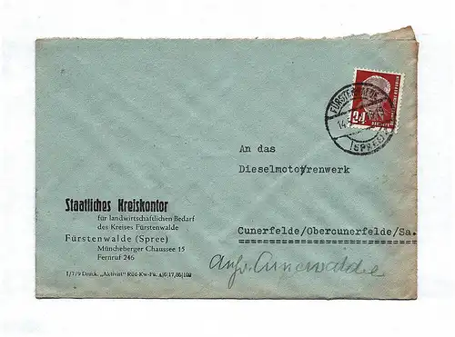 Brief An das Dieselmotorenwerk Cunerfelde 1952 DDR Sachsen