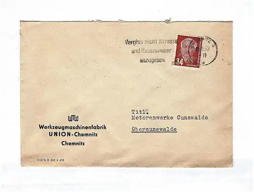 Brief 1952 Werkzeugmaschinenfabrik Union Chemnitz Briefkuvert DDR